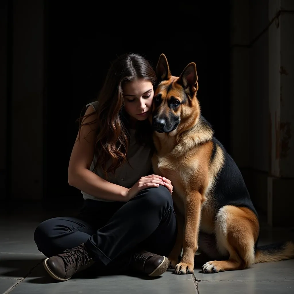 A dog owner consoles their German Shepherd