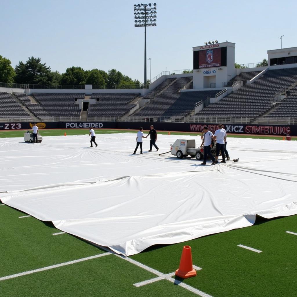 Ground Crew Installing Football Field Pitch Cover