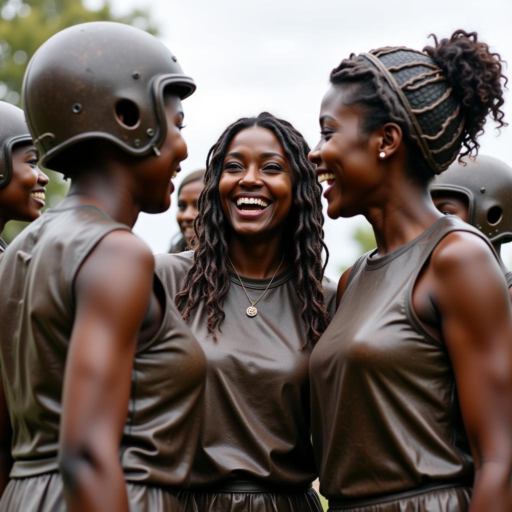 Group of bronze football mums enjoying each other's company and sharing a laugh