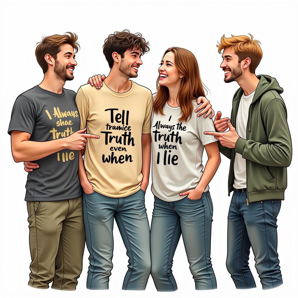 Group of Friends Discussing the Meaning of the "I Always Tell the Truth" Shirt