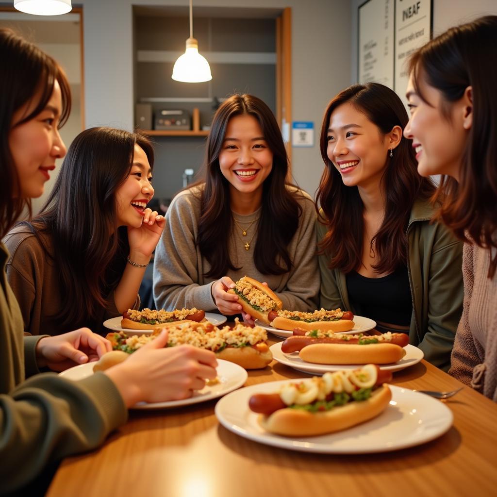 Group of friends enjoying Japanese hot dogs together