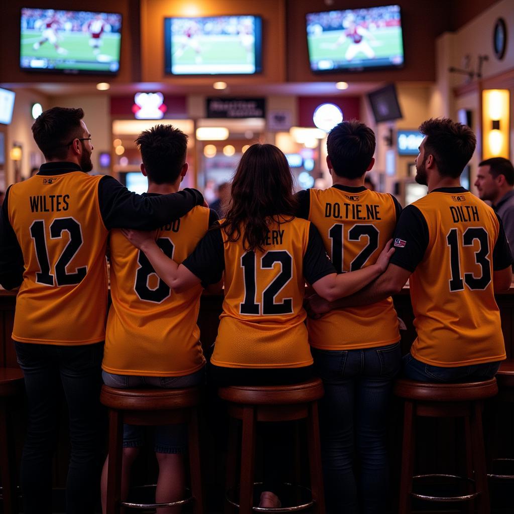 Group of friends wearing matching 12th man jerseys at a sports bar