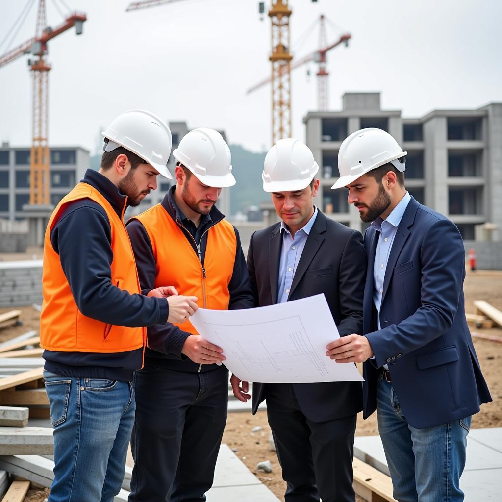 A team of masons studying a blueprint together at a bustling construction site