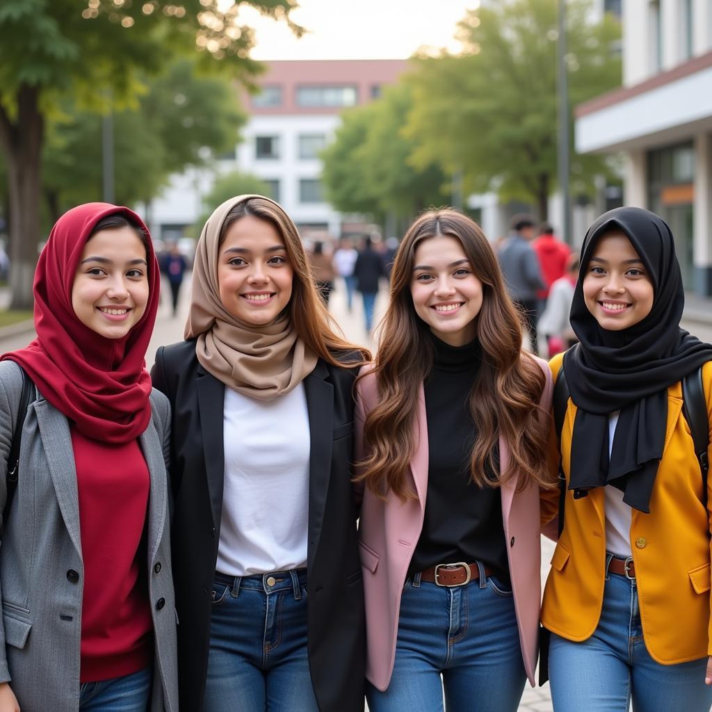 A diverse group of teenagers confidently wearing different hijab styles.