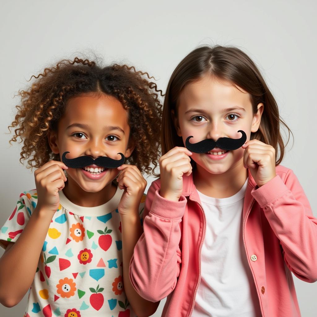 Two young children holding fake mustaches up to their faces