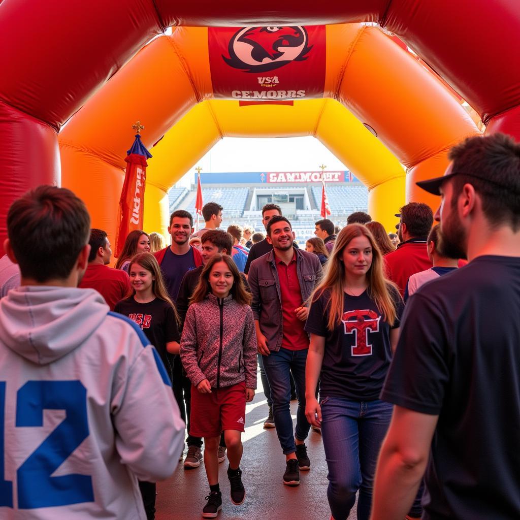 Fans walking through an inflatable entrance tunnel into a stadium.