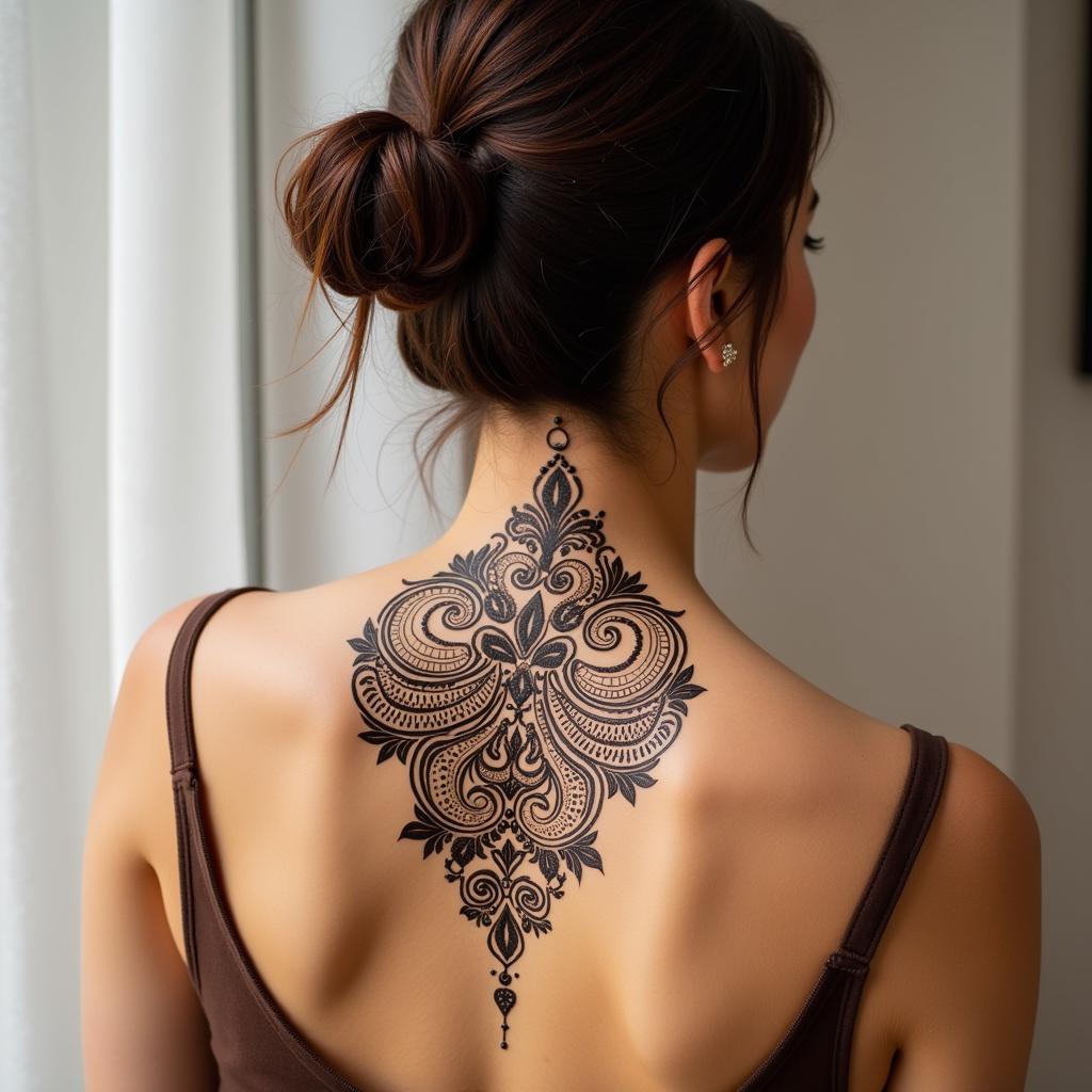 Họa tiết henna hiện đại trên lưng cô gái