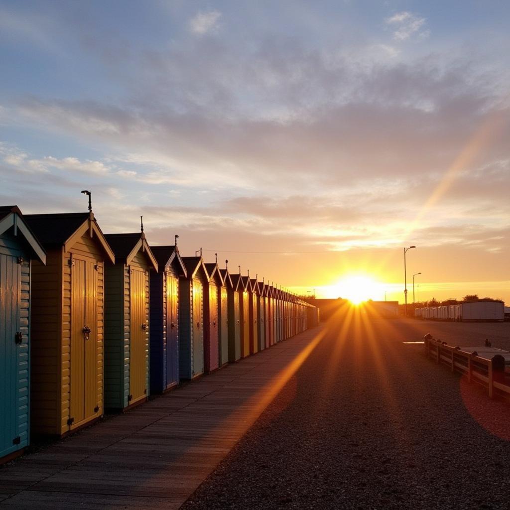 Hoàng hôn tuyệt đẹp trên những ngôi nhà gỗ bên bờ biển ở Southwold.