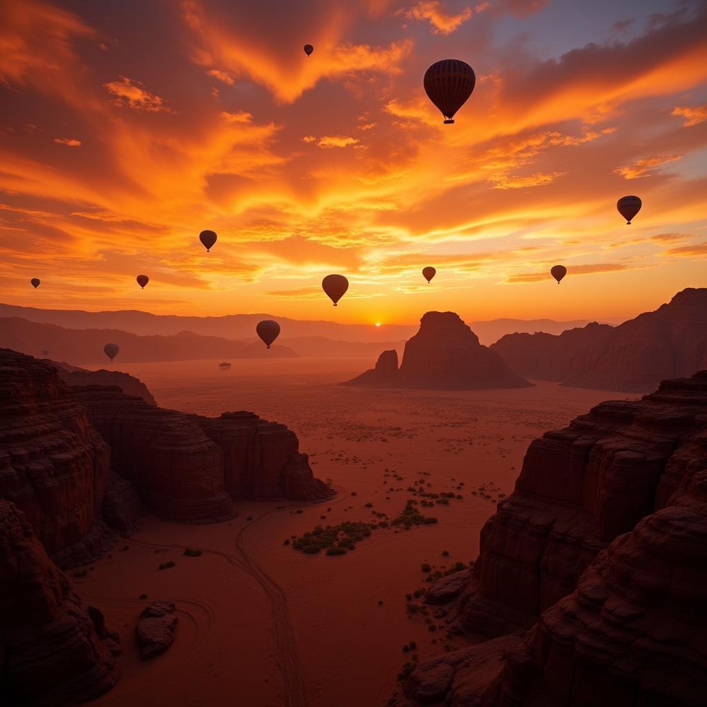 Hoàng hôn trên sa mạc Wadi Rum nhìn từ khinh khí cầu