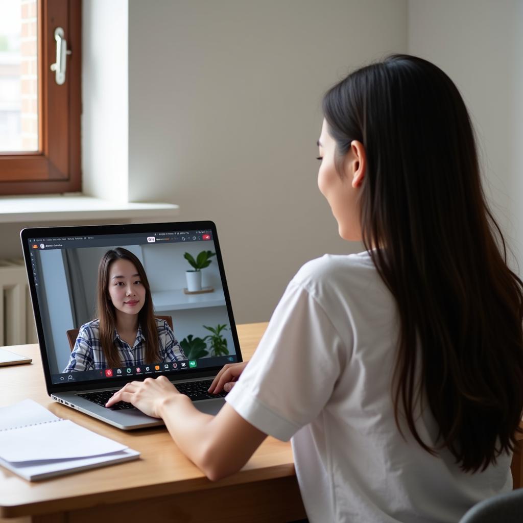 Nữ sinh đang học tiếng Anh qua video call với giáo viên nước ngoài