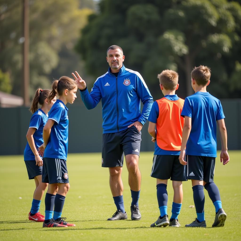 Huấn luyện viên hướng dẫn kỹ thuật cho cầu thủ nhí West Melbourne Youth Football