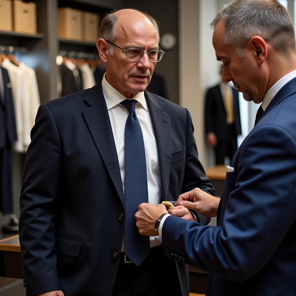 A middle-aged man getting fitted for a suit by a tailor