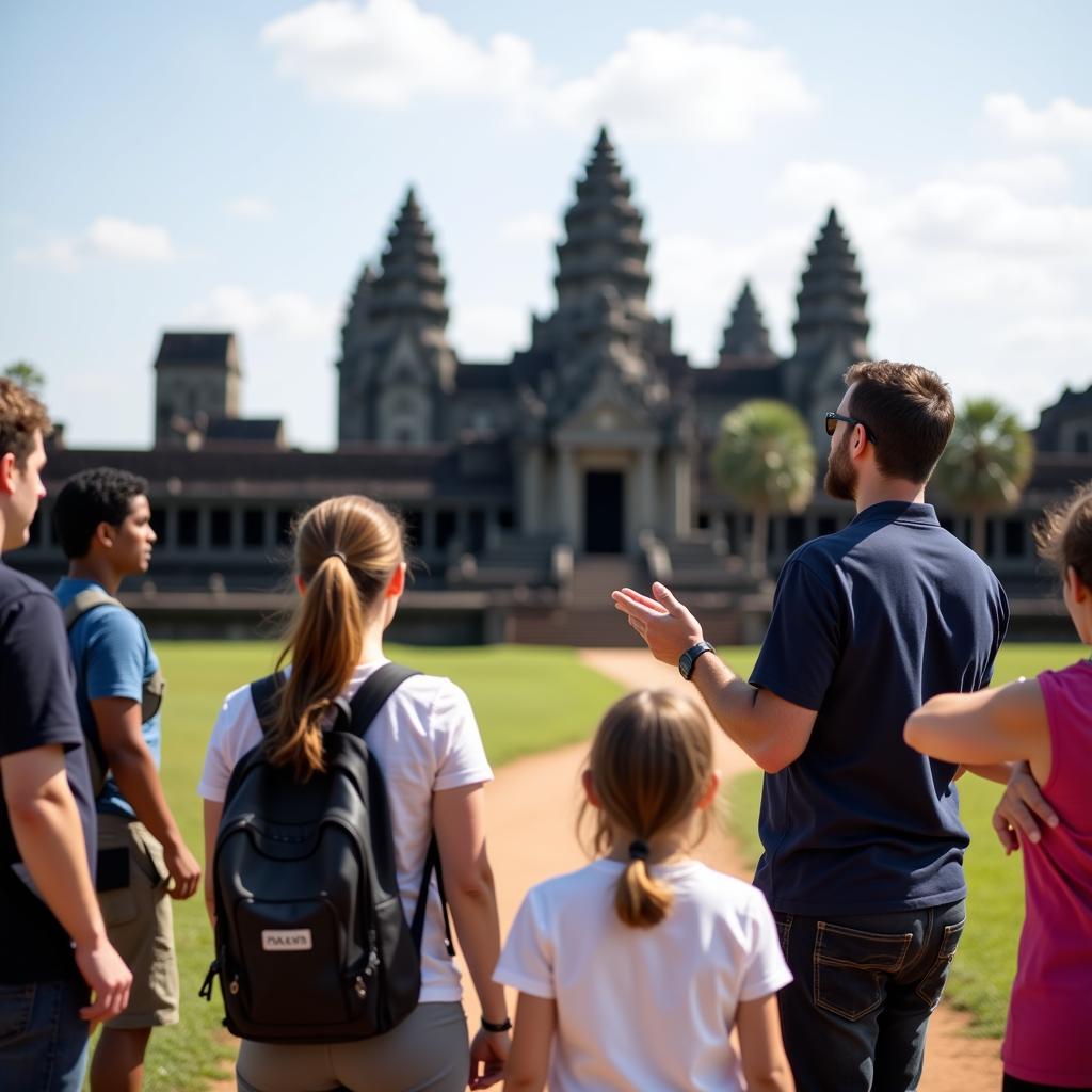 Tour guide explaining Angkor Wat's history