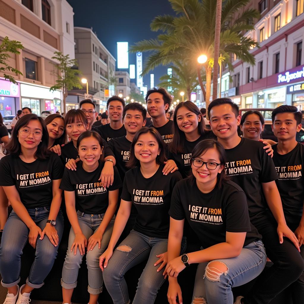 A group of diverse fans wearing "I Get It From My Momma" shirts, celebrating their love for "Đội Bóng Đá" together.