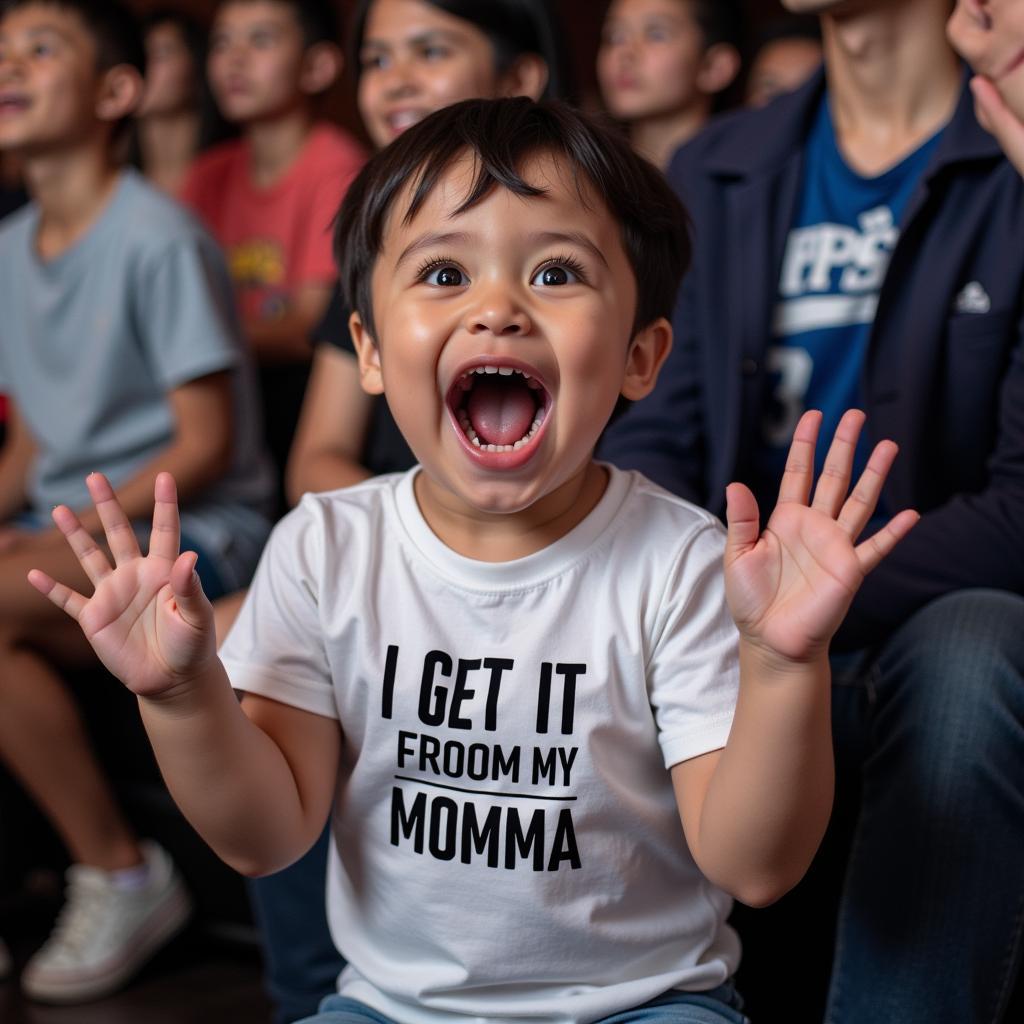 A young child wearing an "I Get It From My Momma" shirt, excitedly watching a game with their parent, highlighting the legacy being passed down to the next generation.