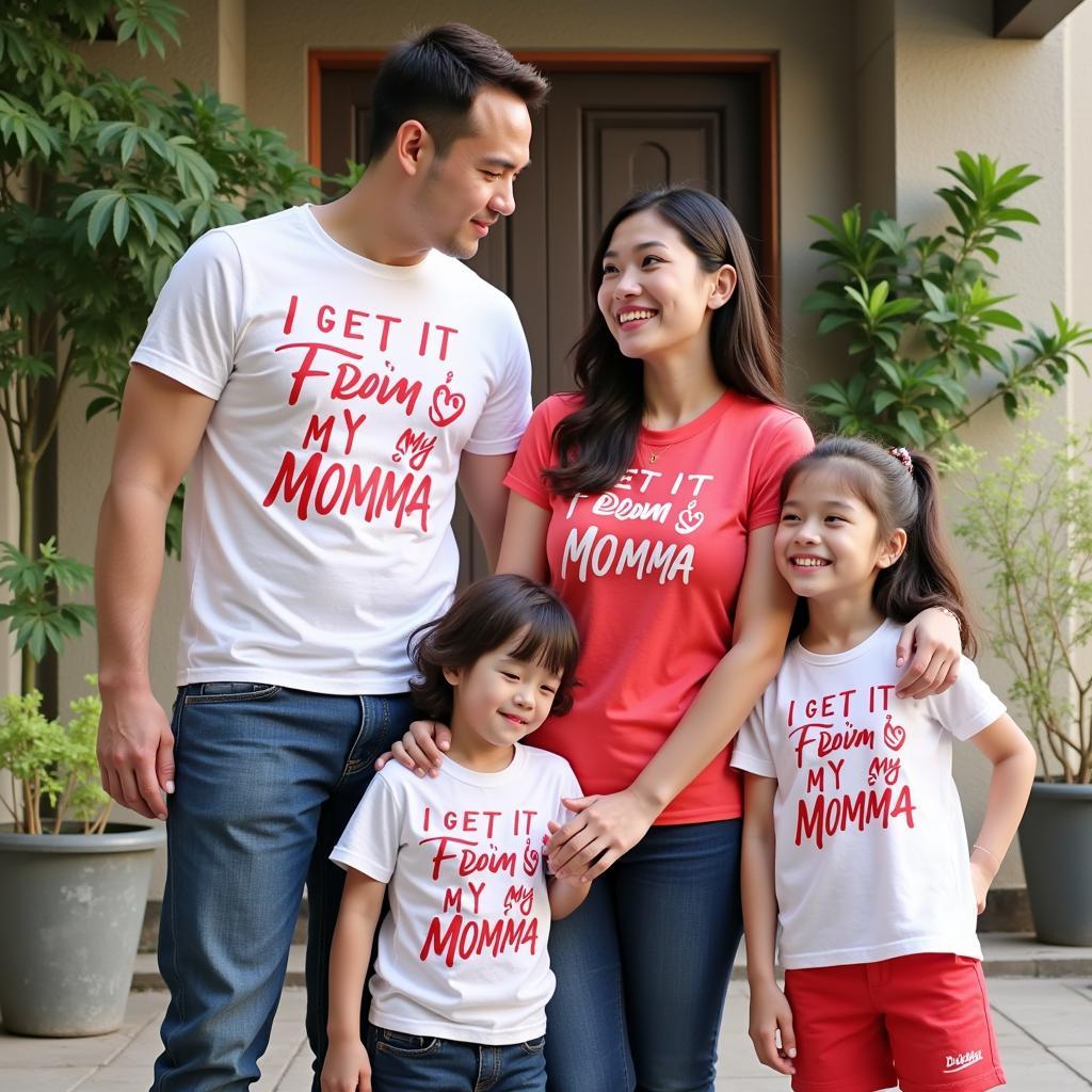 A family proudly wearing "I Get It From My Momma" shirts, showing the generational legacy of love for "Đội Bóng Đá".