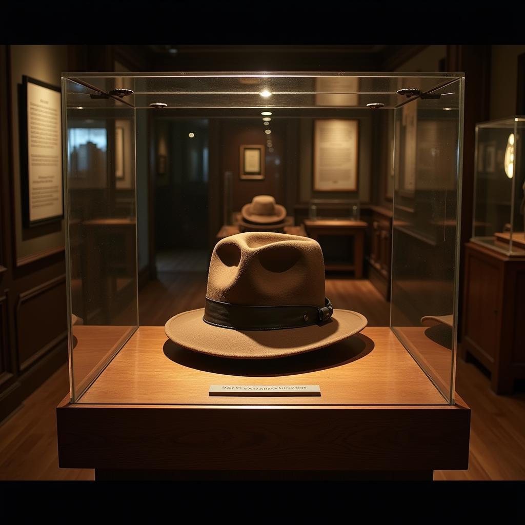 Indiana Jones' fedora on display in a museum