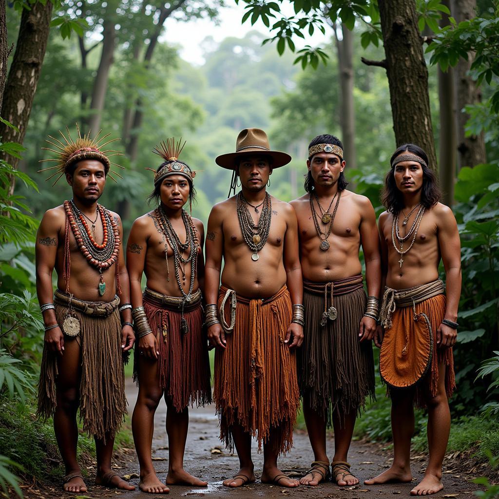 Members of an indigenous community in the Amazon rainforest standing in traditional clothing.