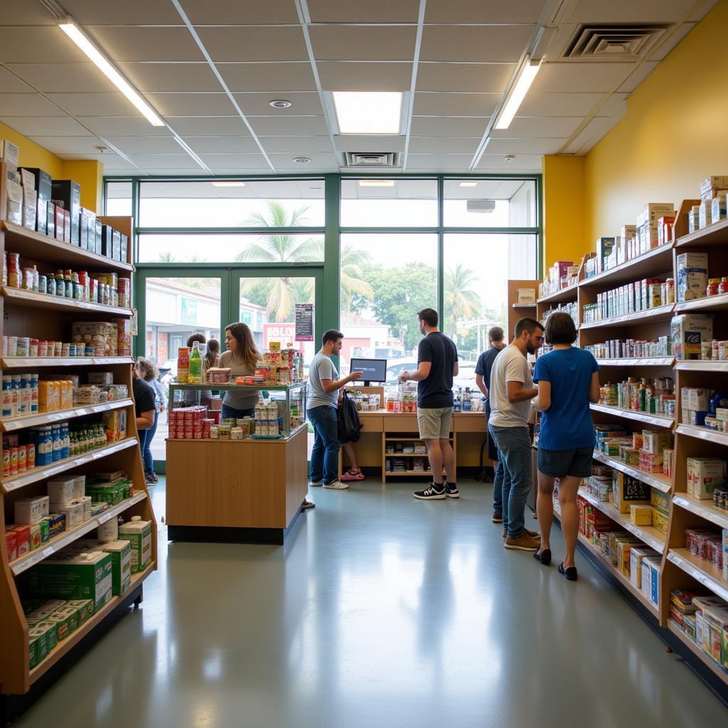 Interior de una farmacia latina en Hialeah con clientes