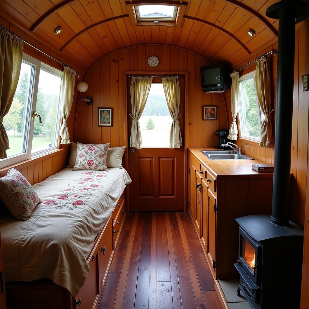 Beautifully restored interior of a gypsy caravan