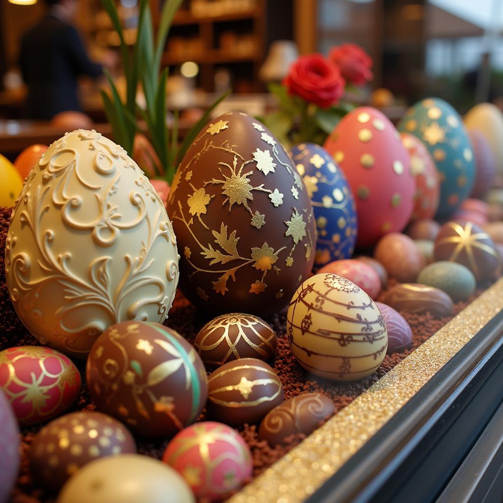 A vibrant display of Italian chocolate eggs.