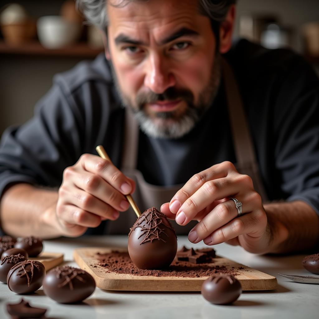 An Italian chocolate maker meticulously crafting chocolate eggs.