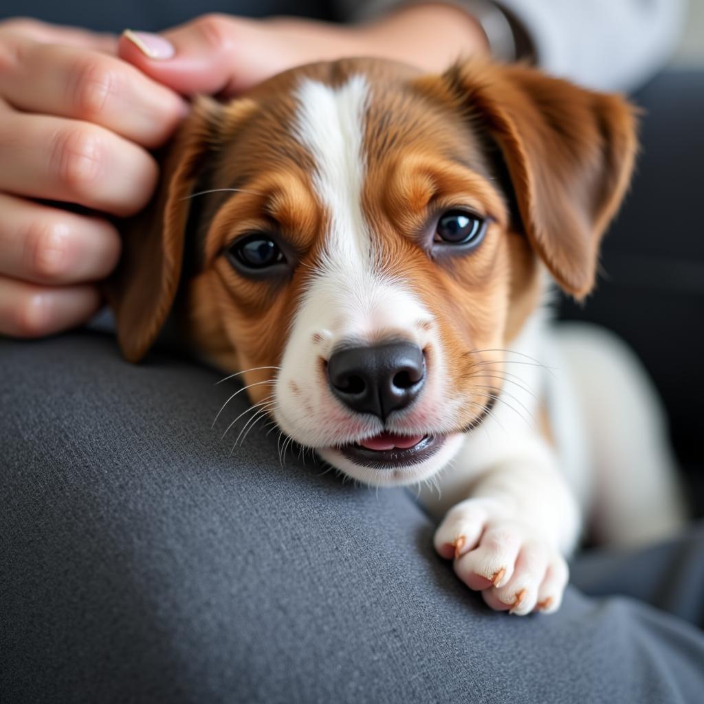 Jack Russell puppy cuddling with its owner on a couch