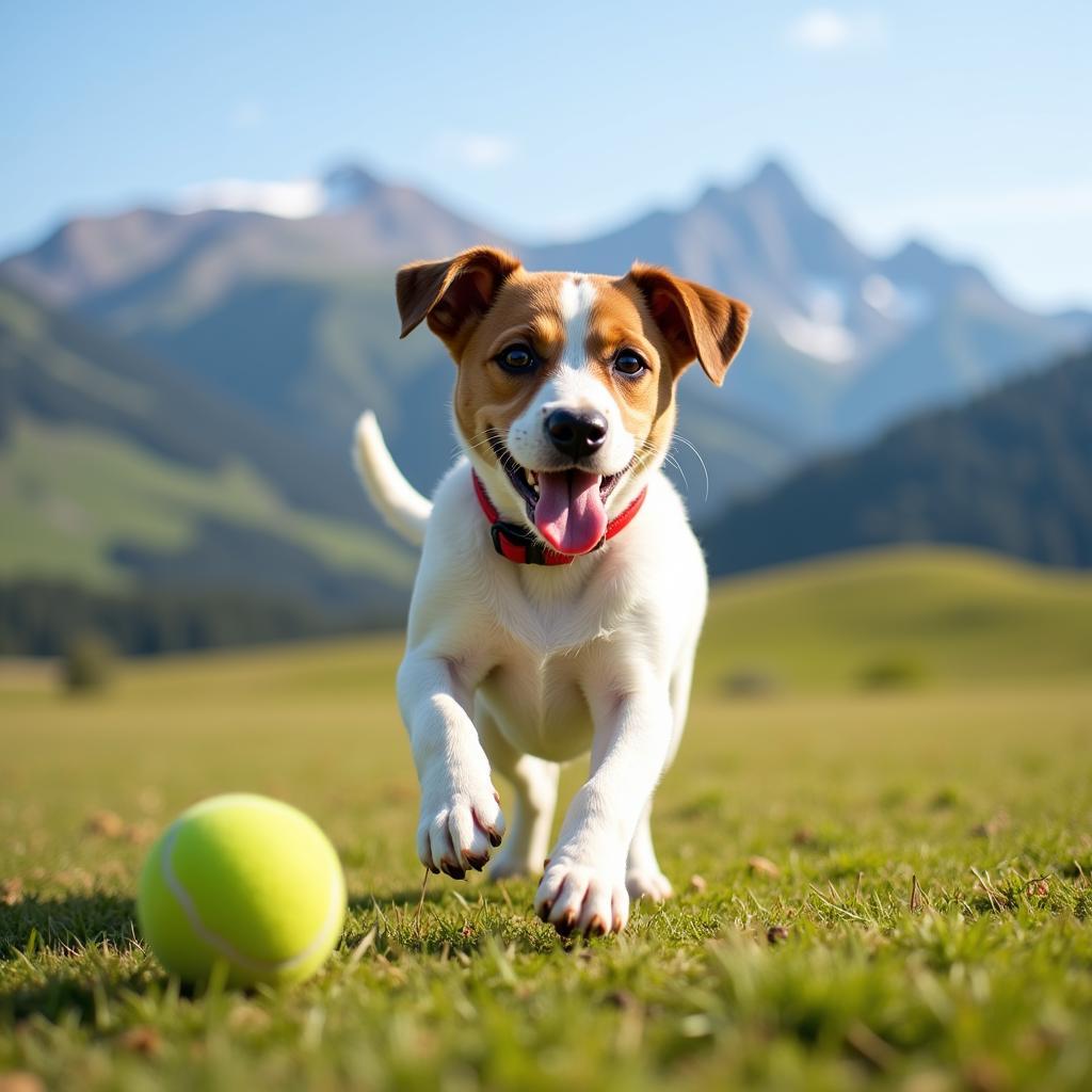 Jack Russell puppy playing fetch in the Colorado mountains