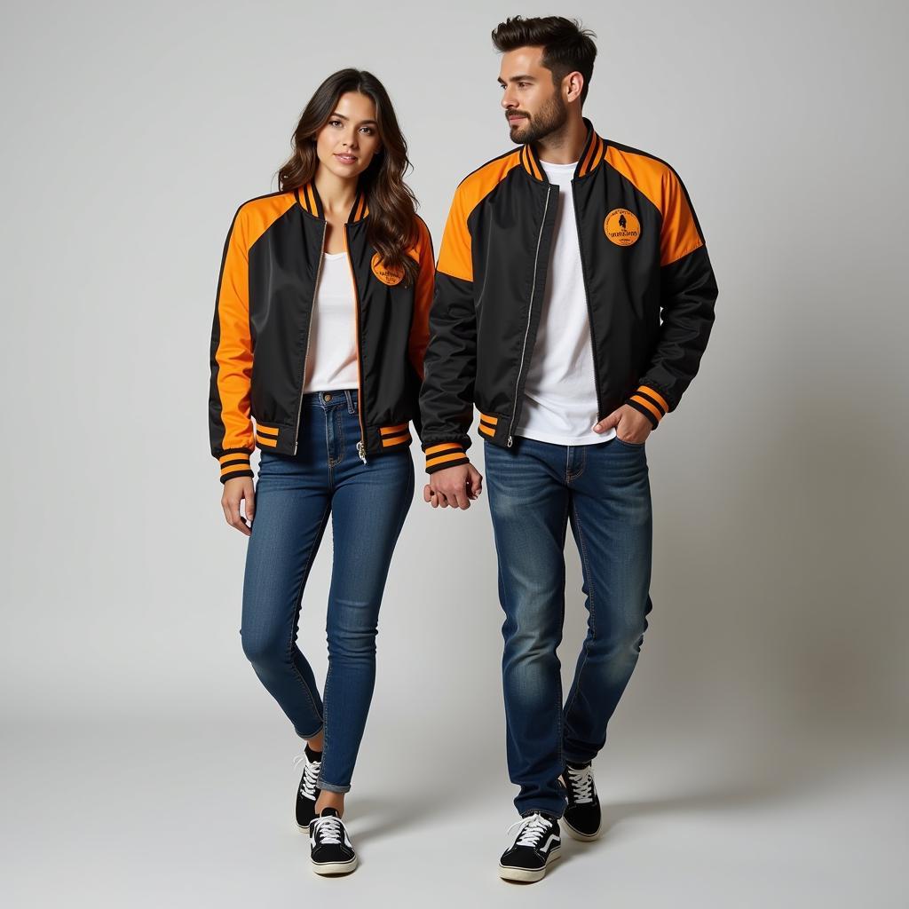 Cặp đôi diện áo khoác bomber, kết hợp cùng quần jeans và giày thể thao