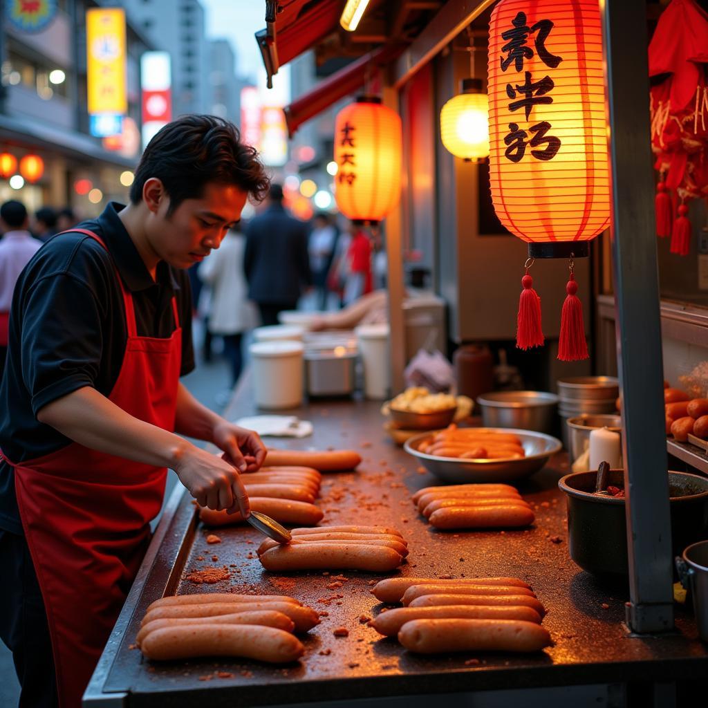 Japanese street food vendor preparing hot dogs