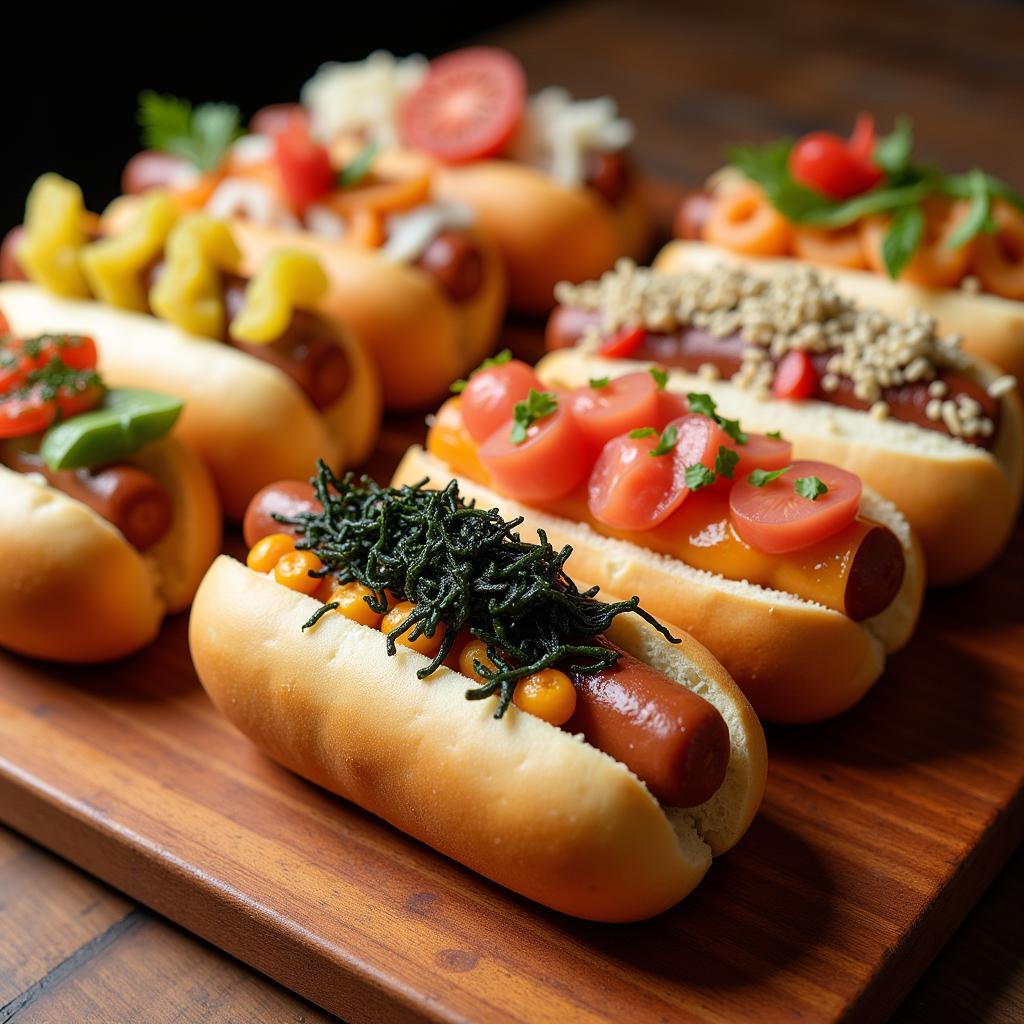 Japanese-style hot dogs with various toppings