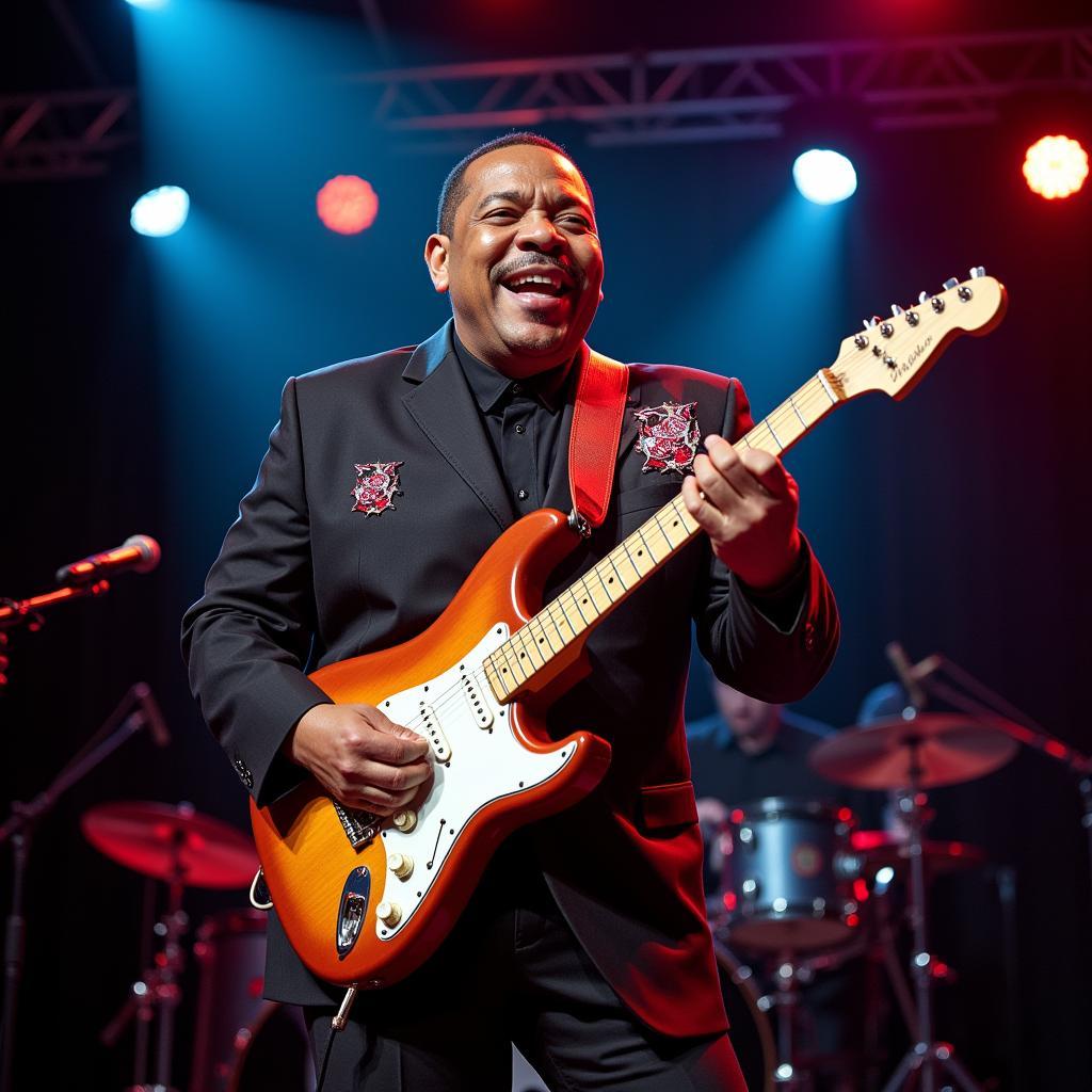 Jelly Roll performing live on stage with a signed guitar