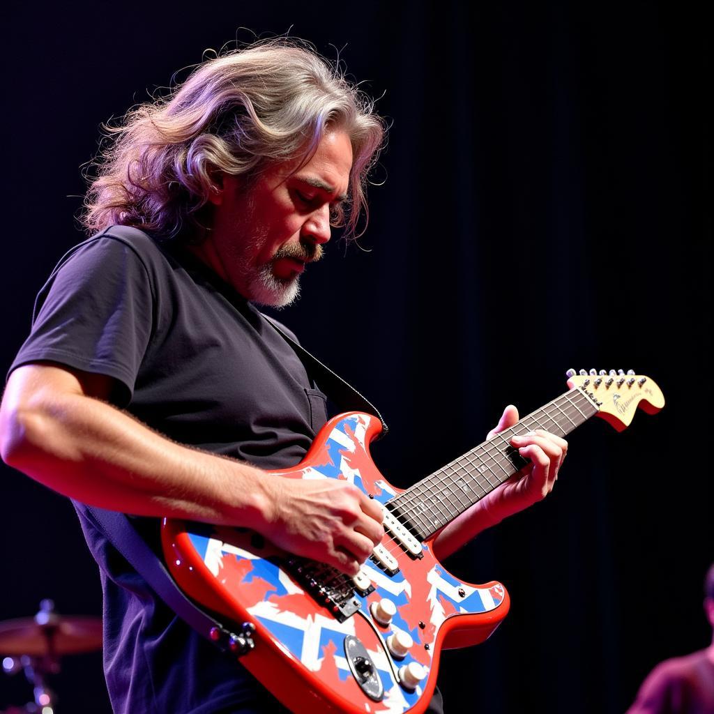 Jerry Garcia playing his Lightning Bolt guitar on stage