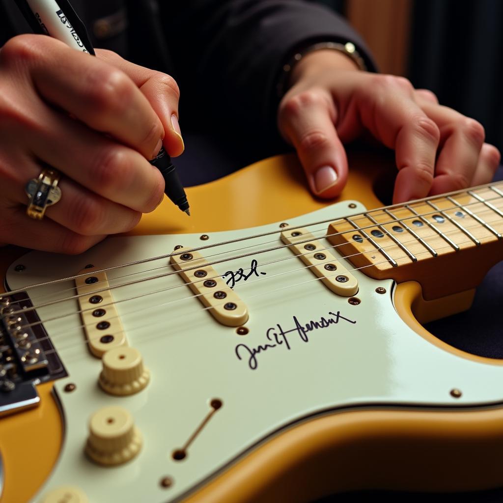 Jimi Hendrix signing his name on a guitar