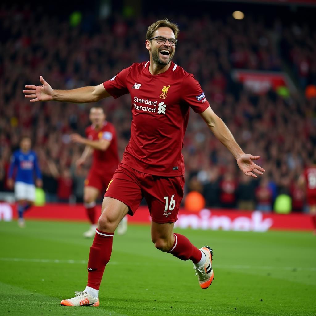 Jurgen Klopp celebrating a goal in his New Balance trainers.