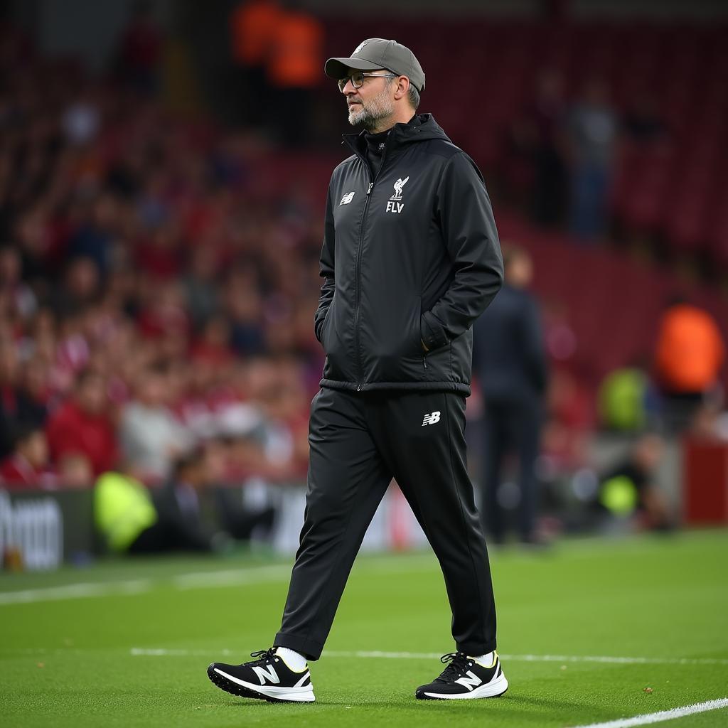 Jurgen Klopp wearing his New Balance trainers on the sideline.