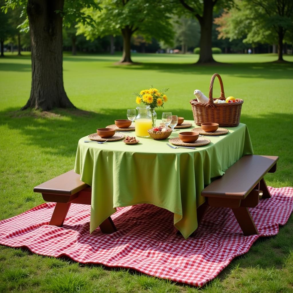 Outdoor Picnic Setting with Kelly Green Tablecloth