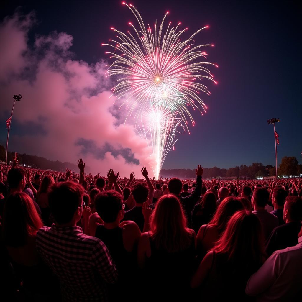 Khán giả cổ vũ dưới màn pháo hoa American Storm Firework