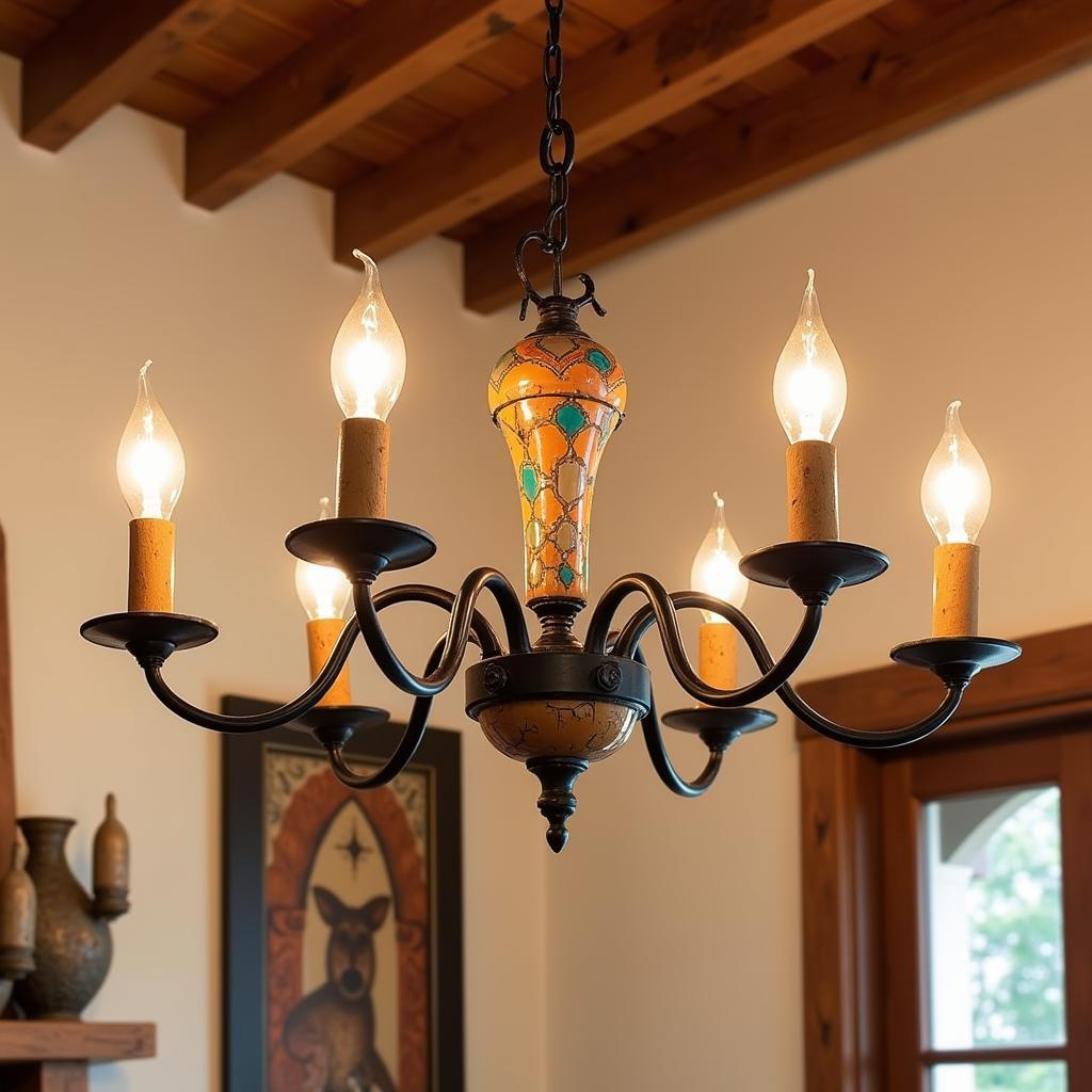 A cozy space is made even more inviting with a Southwest style chandelier