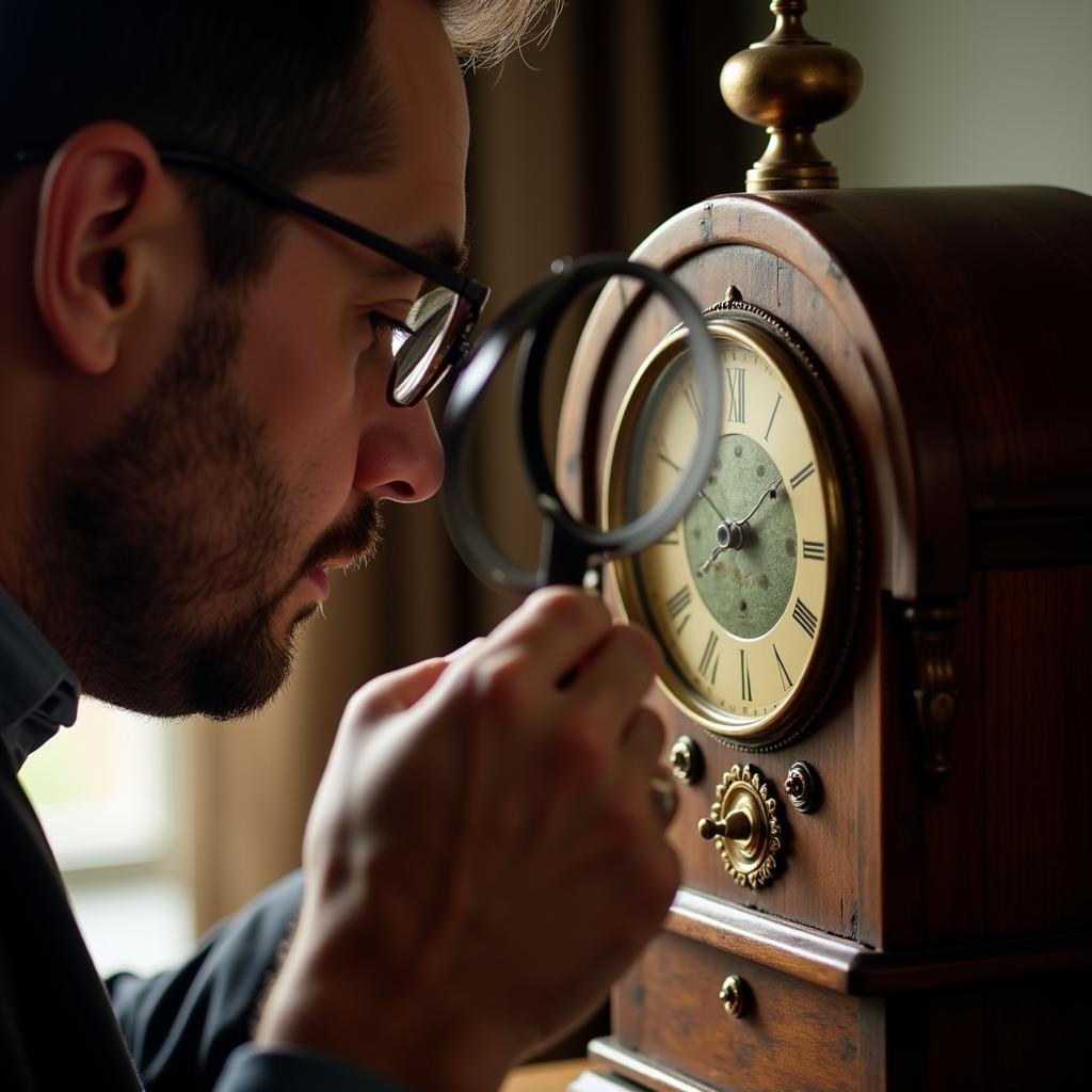 Antique appraiser examining a vintage clock.