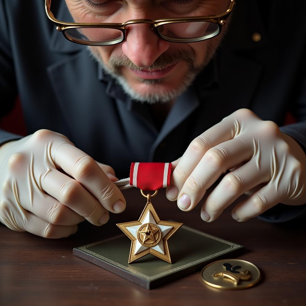 Inspecting a Soviet medal for sale