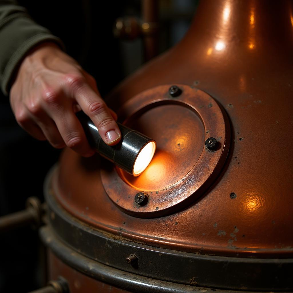 Inspecting the welds of a used distillation still