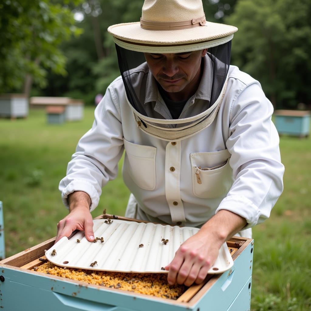 Inspecting a beehive with a white board