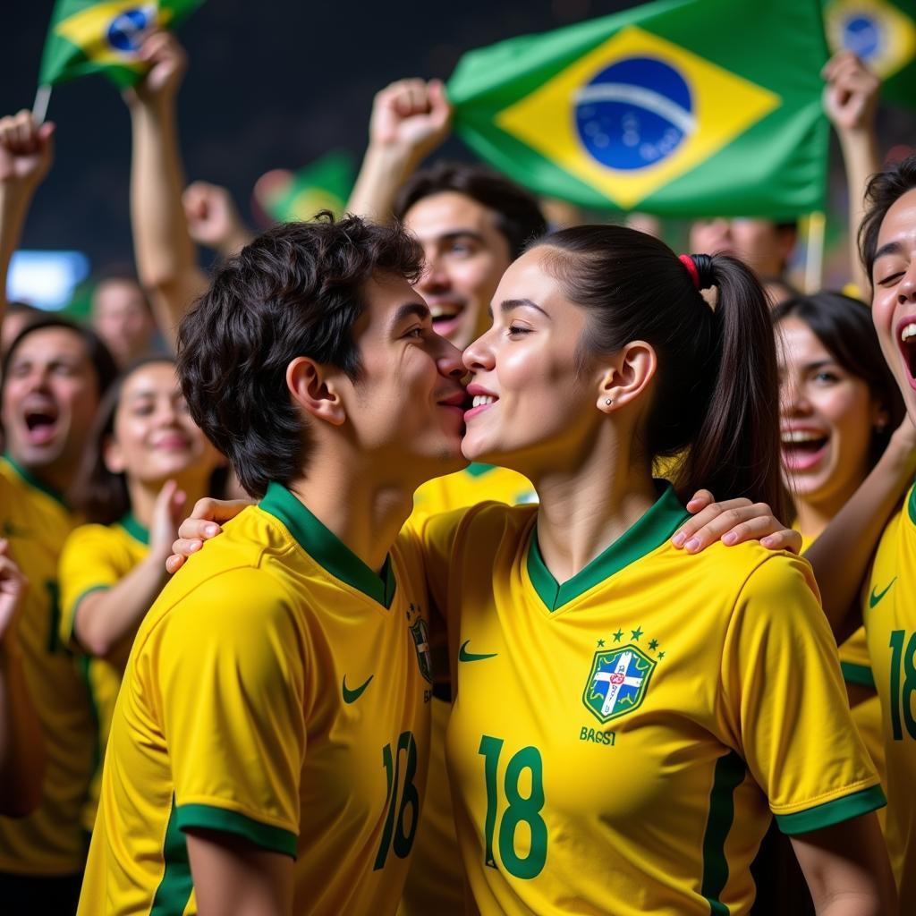 Fans of "Đội Bóng Đá" celebrating a victory with a kiss in Brazil