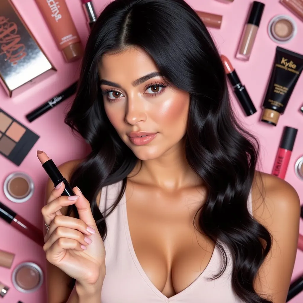 Kylie Jenner showcasing her beauty products