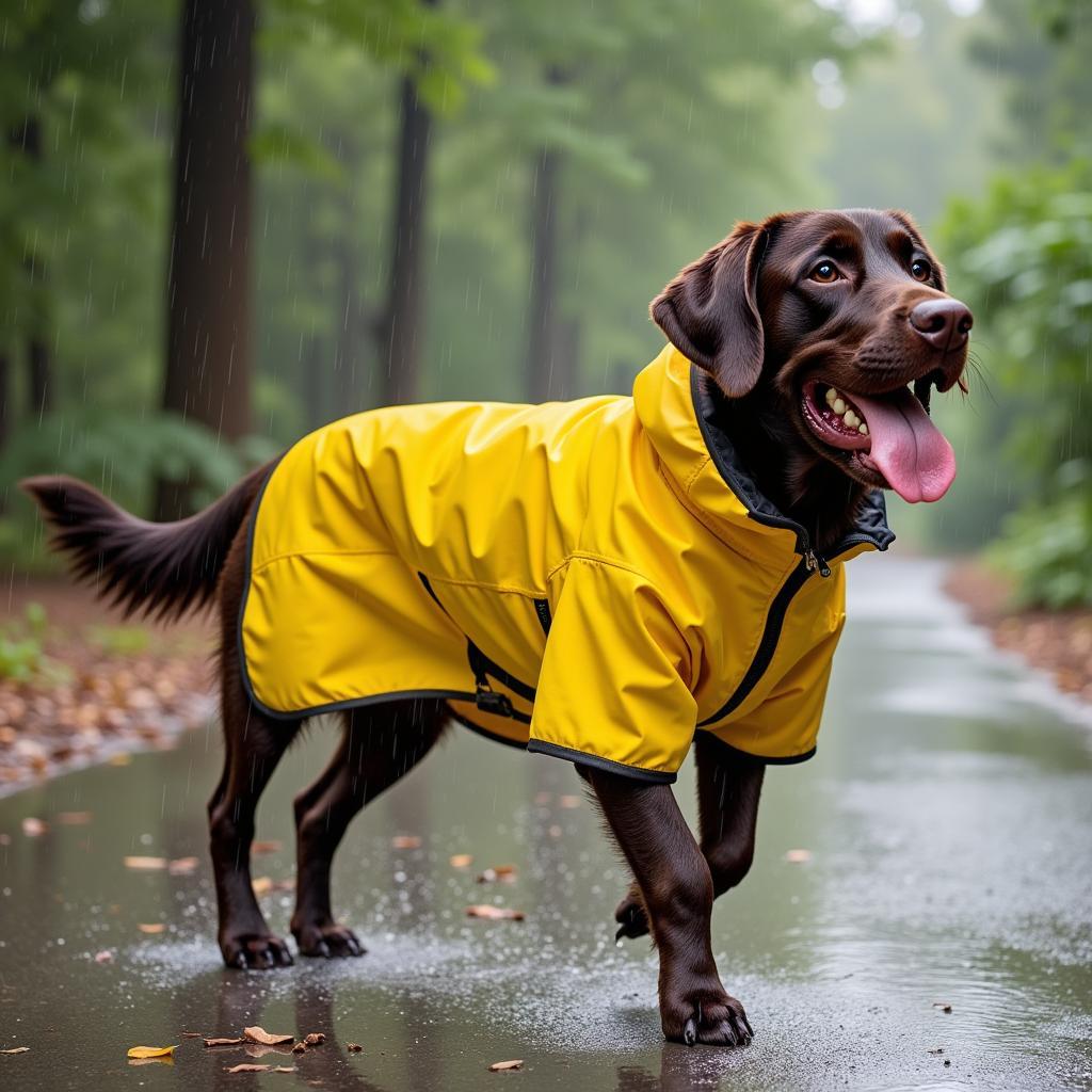 Labrador wearing a raincoat in the rain