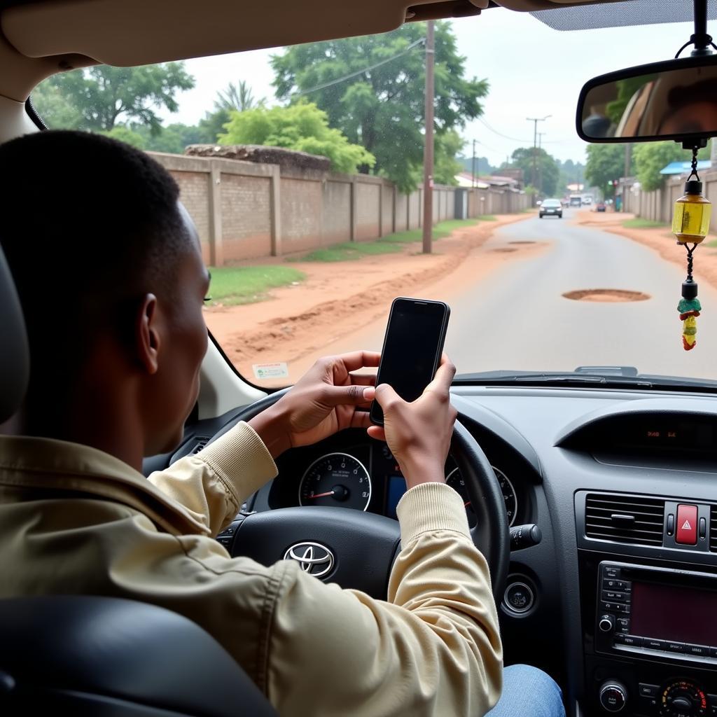 Driver using a phone while navigating a pothole-ridden area in Kampala