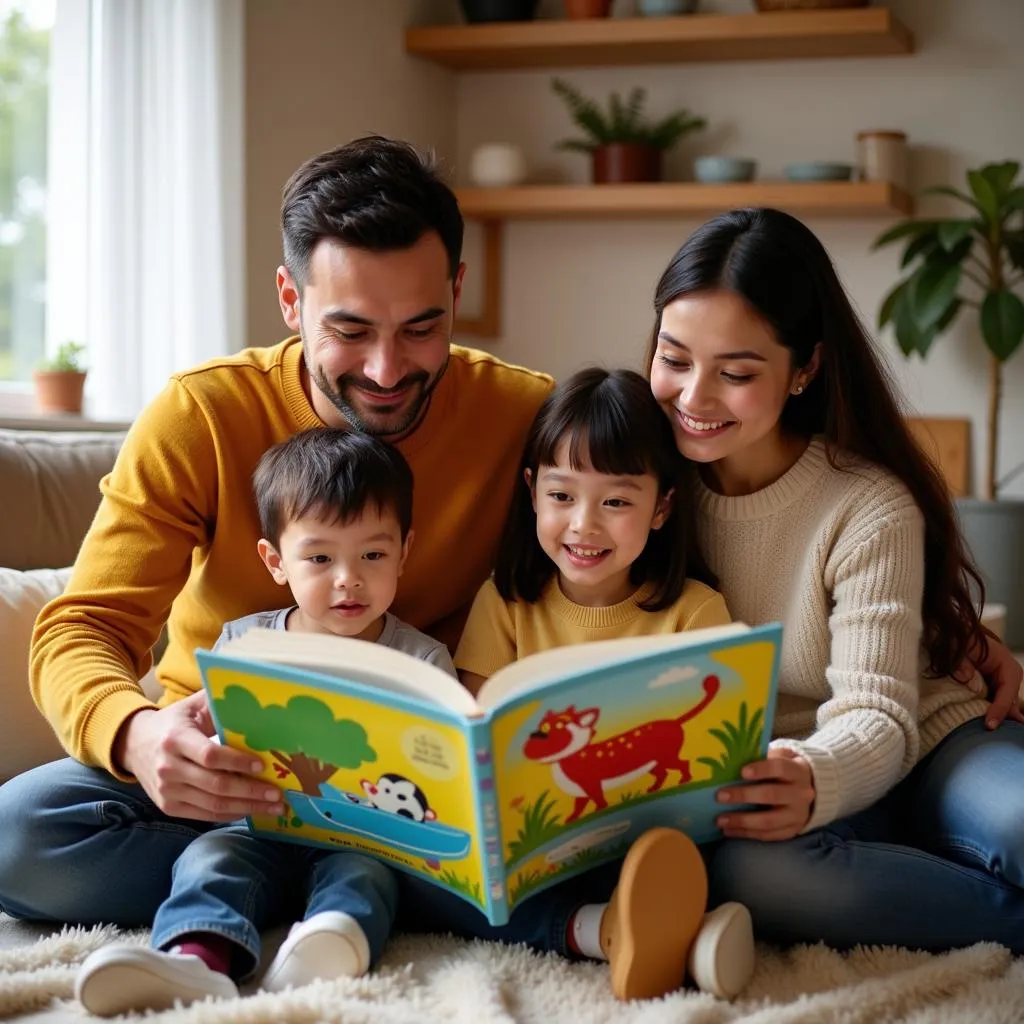 Parents reading a large book to their children