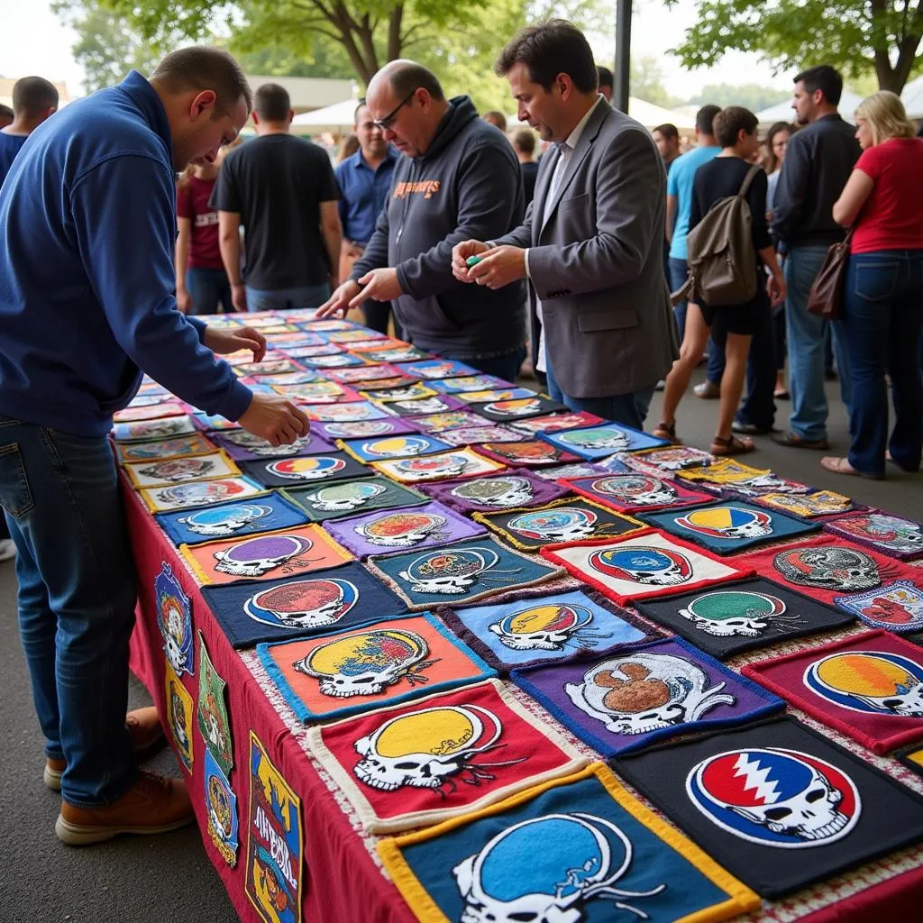 A selection of large Grateful Dead patches available for sale at a collector's market