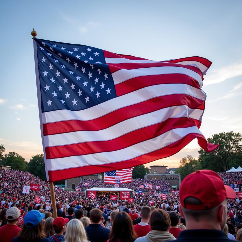 A large Trump flag held high at a political rally